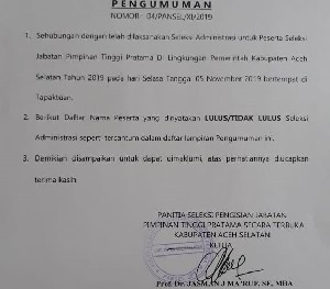 Ini 75 Nama Calon Kadis di Aceh Selatan yang Lulus Seleksi Administrasi JPT